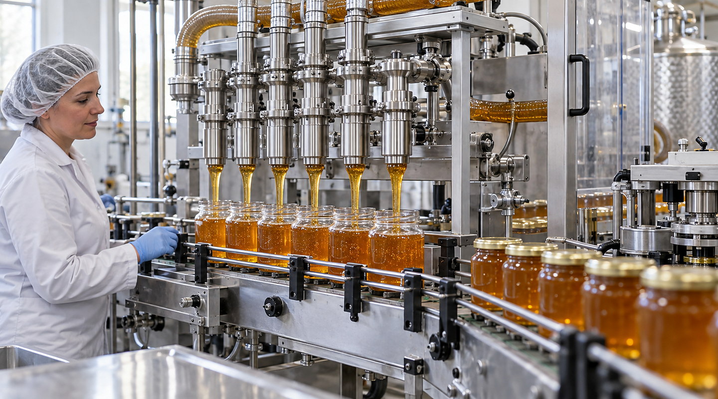 Warm honey being filled into glass jars on a stainless line, showing heated product path, anti-drip nozzles and operators monitoring discharge.