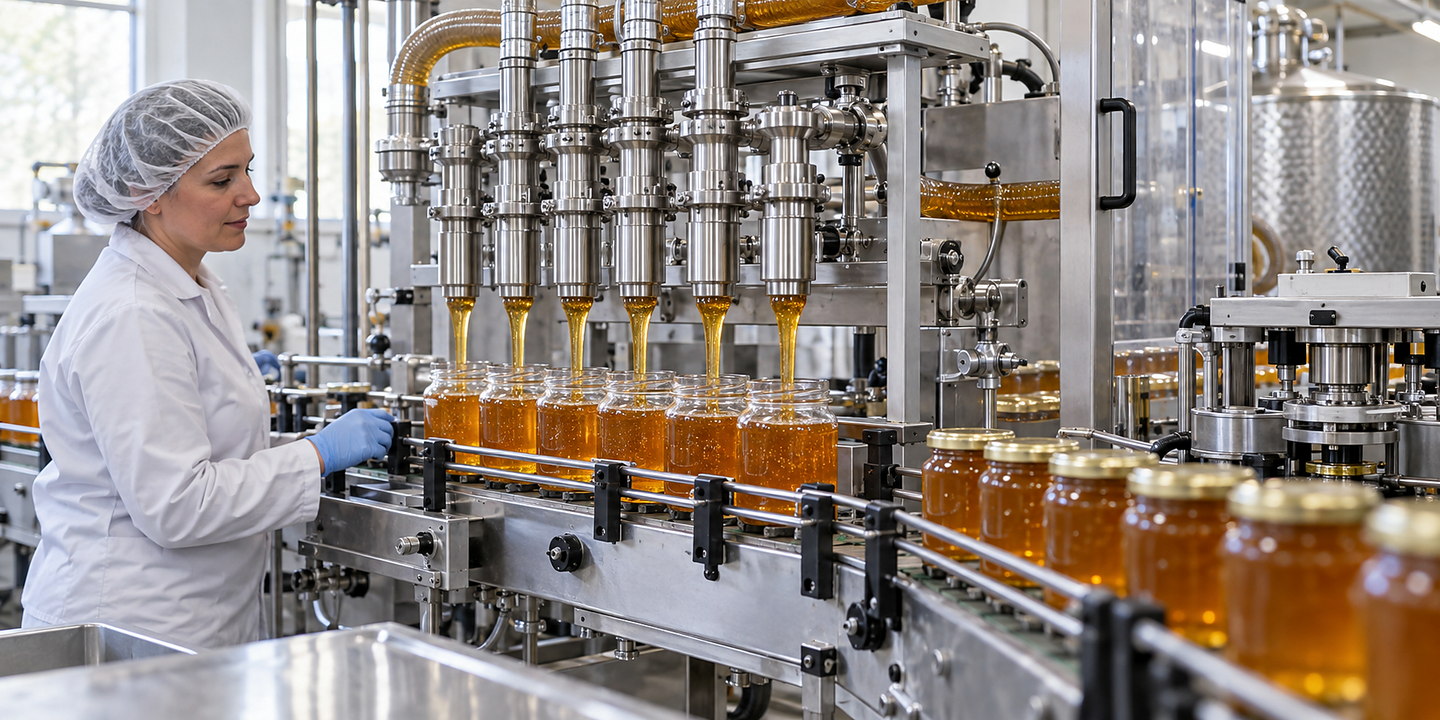 Warm honey being filled into glass jars on a stainless line, showing heated product path, anti-drip nozzles and operators monitoring discharge.